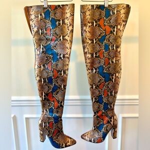 Multi-colored Faux Snakeskin Thigh High Boots